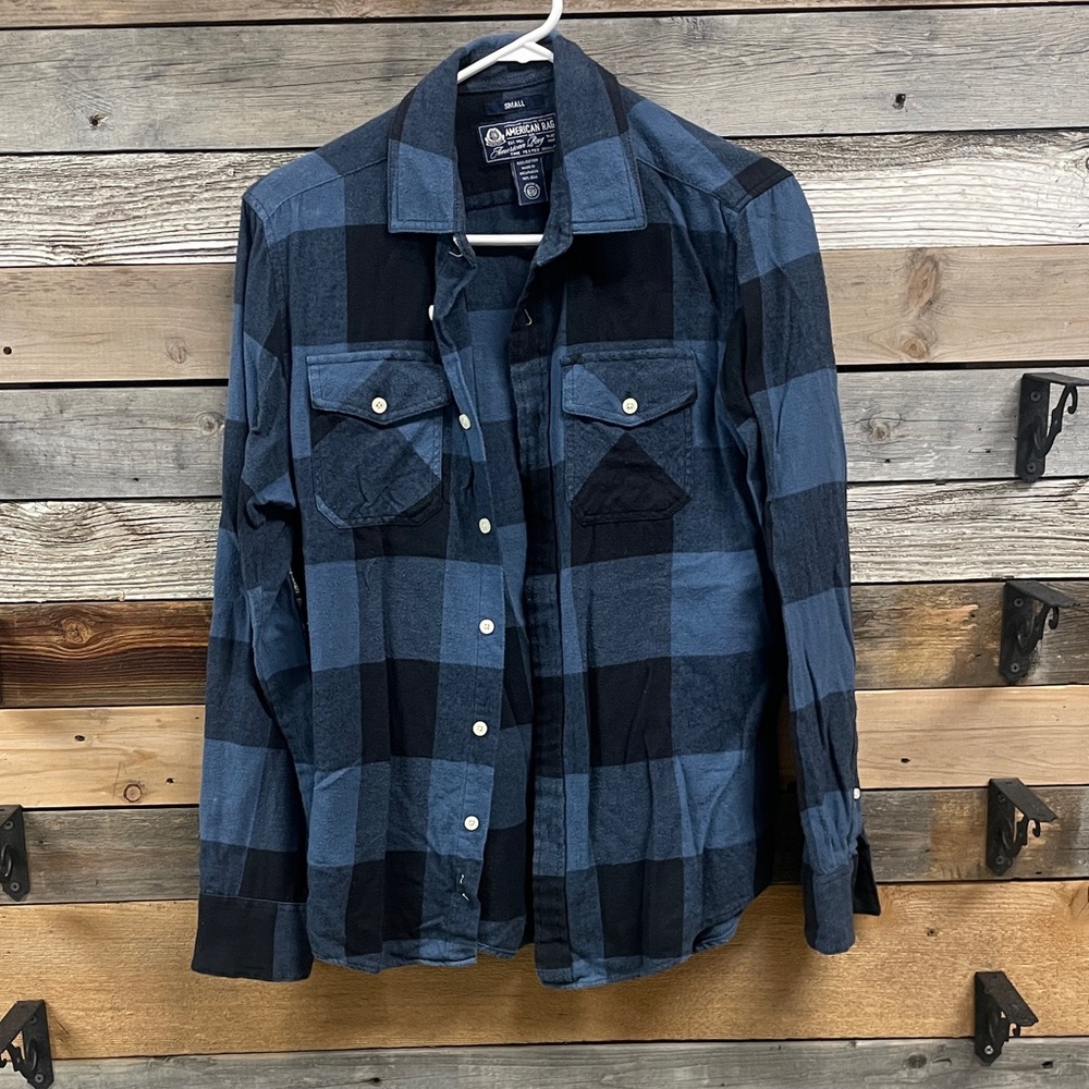 American Rag Blue and Black Plaid Button-Down Shirt